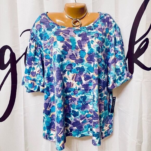NWT ZAC & RACHEL 3X Gorgeous Colorful floral Blue Purple Print Short Sleeve Top - Picture 1 of 13